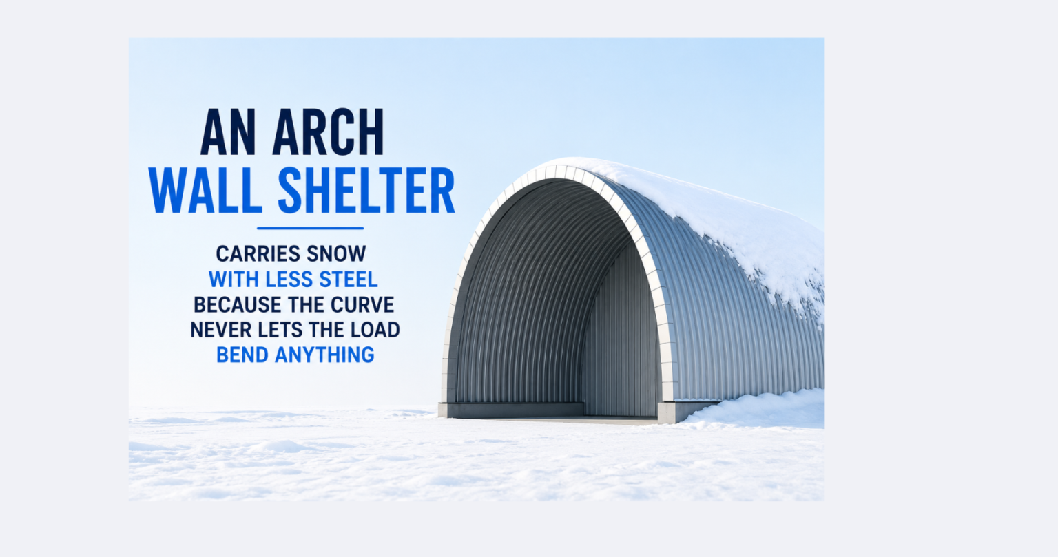 An Arch Wall Shelter Carries Snow With Less Steel Because The Curve Never Lets The Load Bend Anything An arch wall shelter carries snow with less steel because the curve never lets the load bend anything.